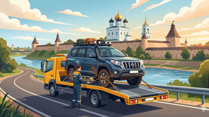 Эвакуатор перевозит внедорожник по дороге в Пскове, современная иллюстрация для статьи о выборе спецтехники