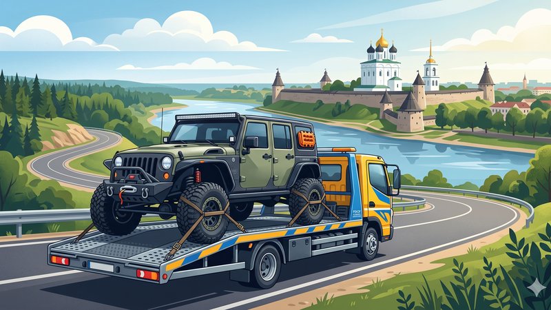 Профессиональная иллюстрация процесса эвакуации тюнингованного внедорожника на платформе эвакуатора в городе Псков