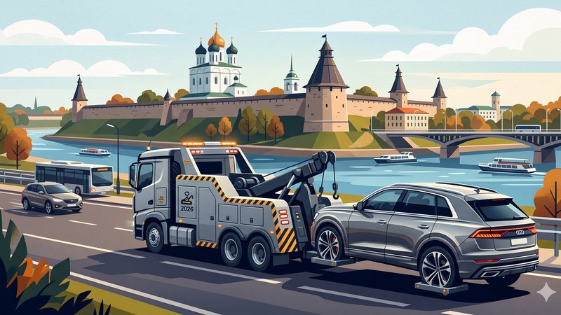 Эвакуатор перевозит массивный внедорожник по дороге в Пскове, современная иллюстрация к статье о трендах.